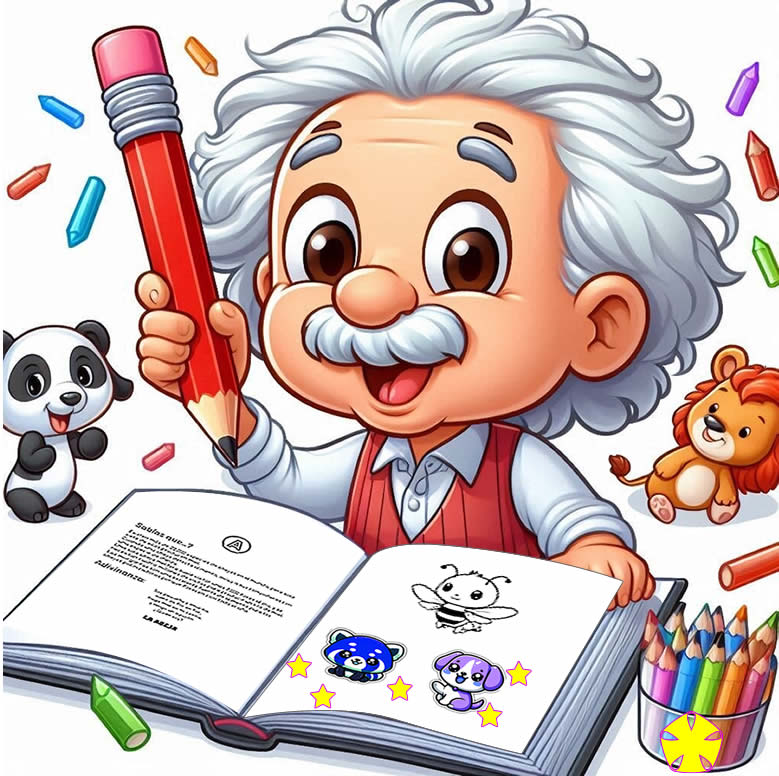 Einstein mostrando el contenido del Libro Coloridamente